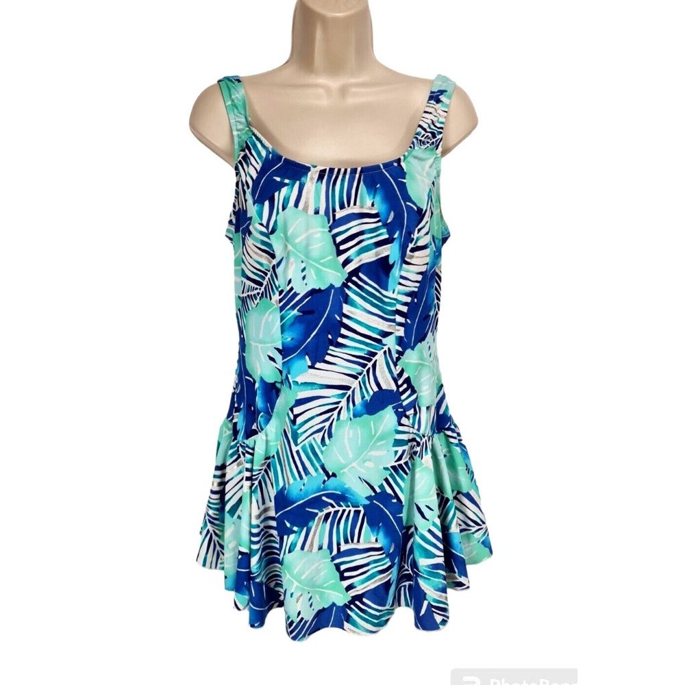 maxine Womens Swimsuit Size 18 Floral Blue Crew Neck Sleeveless Ruffle Hem 314P